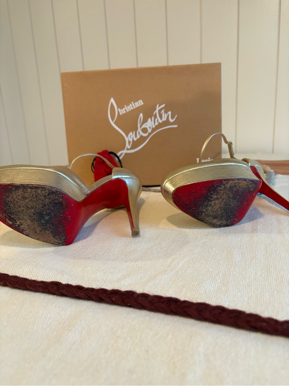 Christian Louboutin Gold Metallic T-Strap Platform Pumps - Picture 5 of 7